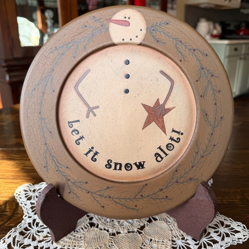 Primitive Snowman Decorative Plate – “Let It Snow” – Hearthside Collection. G2W
